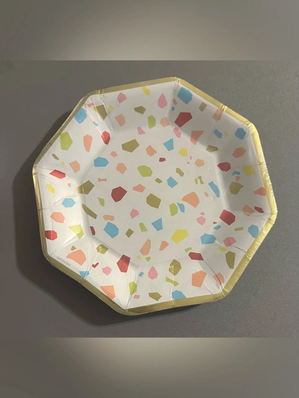 Amscan Confetti Paper Plates in Gold Rim and Multicolor Sprinkles